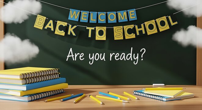 Welcome Back to School Banner on Chalkboard with Books and Pencils for Education Theme