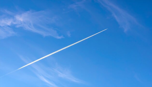 A wispy, white contrail stretches across a vibrant, cerulean sky, dotted with delicate clouds.