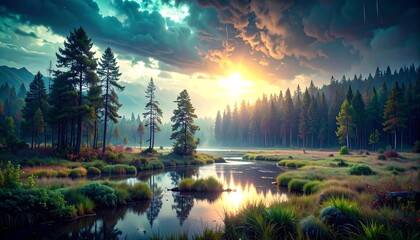 Fototapeta premium Misty forest sunrise over a tranquil river