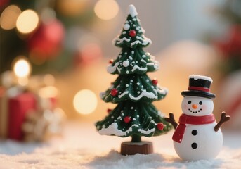 Fototapeta premium Snowman Figurine with Christmas Tree Decoration for Festive Holiday and Winter Celebration