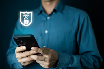 Businessman hand hold phone with app vpn creation Internet protocols for protection private network