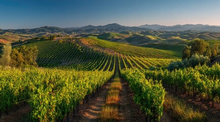 Naklejka premium Sun-drenched vineyard landscape. Rolling hills, vibrant green vines, and a clear, blue sky. Distance mountains
