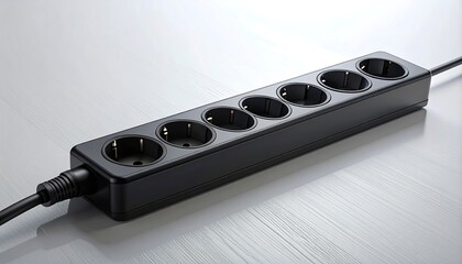 A sleek, black power strip with multiple outlets is displayed on a light gray surface.