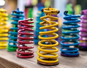 Colorful metal coils, various vibrant hues, on a wooden surface