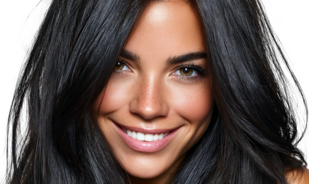 Smiling Young Woman with Long Dark Hair, Natural Beauty Close-Up Portrait, Expressing Happiness and Joy, Isolated on Bright Background