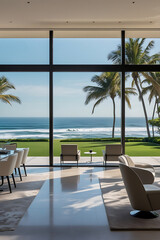 Luxury architecture, ocean front property landscape. Modern living room interior design with sleek contemporary designer furniture, minimalist decor large windows, panoramic coastal view background