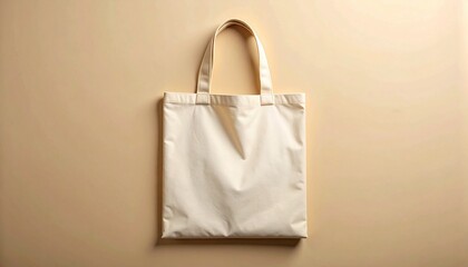 A plain white canvas tote bag with handles is displayed against a neutral, light brown background, perfect for custom printing or personal design