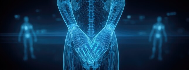 3D anatomy visualization of a human form,  with blurred anatomical figures in the background