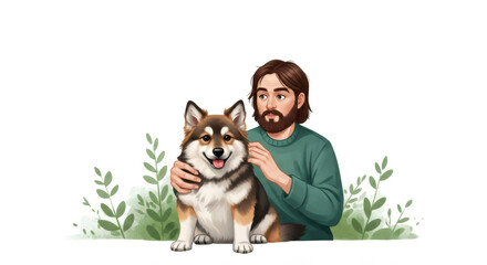 Obraz premium Man stroking dog. Happy owner spending time with loyal puppy. Pet care concept. Digital illustration with green plant details.