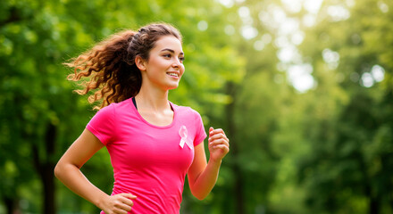 Fototapeta premium Woman in a pink t-shirt, with a ribbon on her chest, running in a park