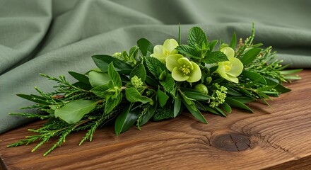 Floral Arrangement with Green Hellebores and Foliage on Wood Board