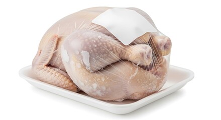 Uncooked Frozen Turkey Packaged in Clear Plastic and a White Tray