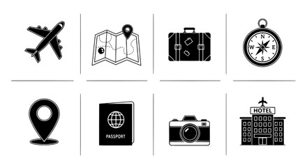 Travel Icons Plan Your Perfect Adventure with Plane, Map, Suitcase, Compass and Passport