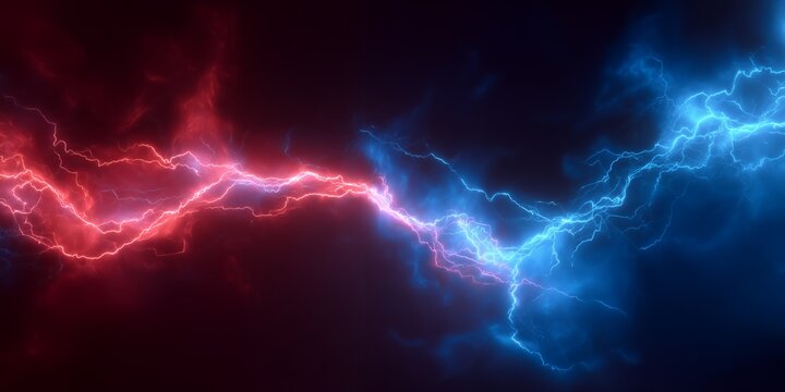 Abstract image featuring red and blue lightning bolts colliding dramatically in the center, concept for digital art, energy visualizations and futuristic backgrounds