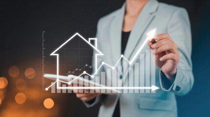 Fototapeta premium Property values skyrocketing as businesswoman predicts housing boom in future real estate market