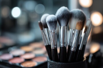 Close-up of assorted makeup brushes with silver ferrules and dark handles, concept for beauty tutorials, cosmetic product display and makeup artist portfolio