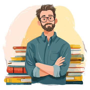 Educated man and book: Confident man standing in front of the book, showing his intelligence and wisdom, conveying the value of knowledge and reading.