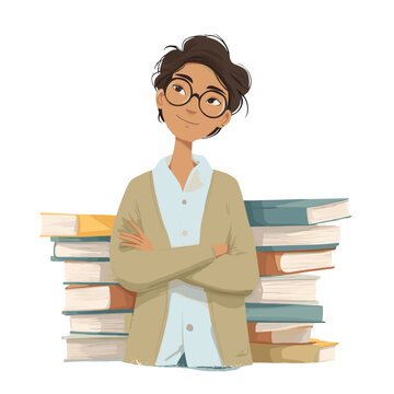 Intellectual Contemplation: A contemplative individual stands proudly, arms crossed, next to a towering stack of books, illustrating a dedication to knowledge and learning.