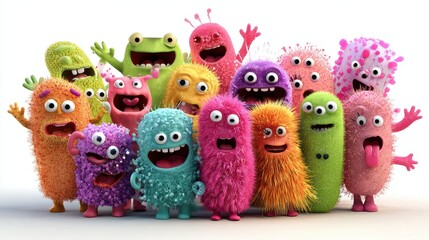 Obraz premium A whimsical depiction of a bacteria party, animated characters, joyful expressions, isolated on white background.