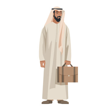 Arabian Business Traveler: A dignified Arabian individual, dressed in traditional attire, stands confidently, holding a briefcase, symbolizing business acumen and cultural heritage. 