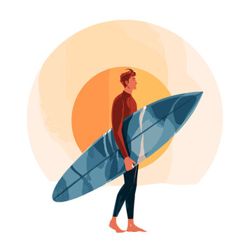 Surfer with surfboard at Sunset: An illustrated scene of a surfer carrying a surfboard, set against a warm sunset sky, the surfer standing in silhouette, about to enjoy a surf session.