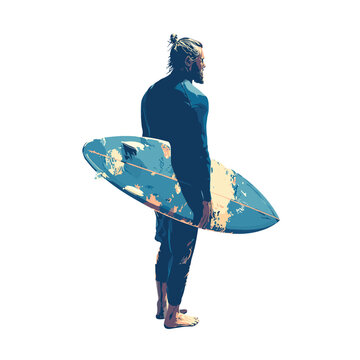 Surfer with Board: Silhouette of a surfer, holding his board, poised against a radiant sky, epitomizing the surfer's spirit. This image is a vibrant celebration of adventure and the surfer lifestyle