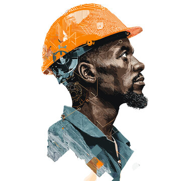 Builder's Vision: A portrait of a focused construction worker, wearing a hard hat, rendered with artistic flair, embodies determination and skilled labor.