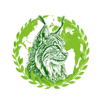 Eco-Lynx Emblem: A detailed illustration of a lynx, set against a backdrop of a green earth within a leafy wreath, symbolizing environmental awareness and conservation efforts.