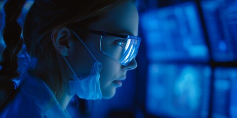 Young woman in safety glasses and mask looking at computer screen in dark room, concept for science research, medical data analysis and biotech development