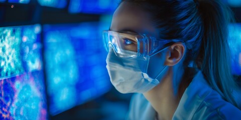 Close up of female scientist analyzing data on multiple screens, wearing protective gear, concept for virology research, pandemic solution and pharmaceutical development