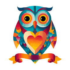 Naklejka premium Wise Owl Adorned with Love: A vibrant and artistic portrayal of an owl, symbolizing wisdom and adorned with a heart, perched on a ribbon.