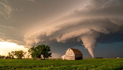 Massive twister looming over rustic barn