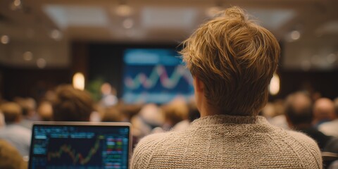 Blond man watching stock data at conference with laptop in foreground, concept for financial trading event, investment seminar and economic forecast presentation