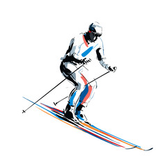 Fototapeta premium Dynamic Descent: A stylized illustration captures the thrill of alpine skiing, showcasing a skier expertly navigating a snowy slope with speed and precision.