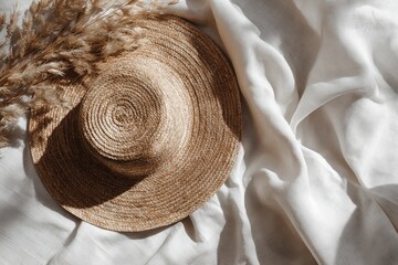 Light beige straw sun hat atop flowing white fabric, with pampas grass