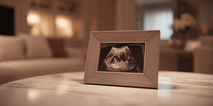 Framed ultrasound picture on marble table in a cozy living room with soft lighting, concept for pregnancy announcement, family planning and maternity celebration - Powered by Adobe
