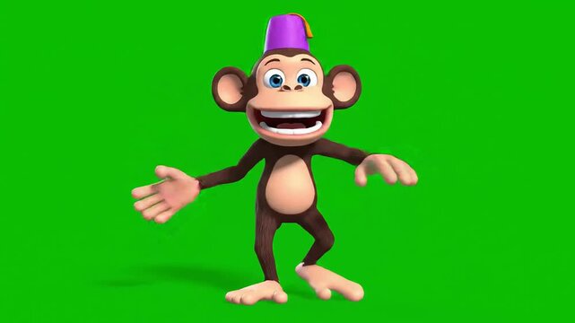 A cheerful monkey wearing a purple hat dances playfully on a green screen with arms outstretched in a funny monkey dance dance monkey pose