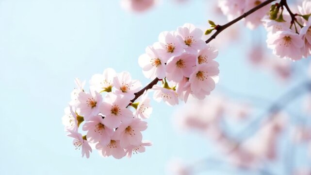 Blooming Japanese cherry or sakura sway in the wind against the backdrop of a clear sky