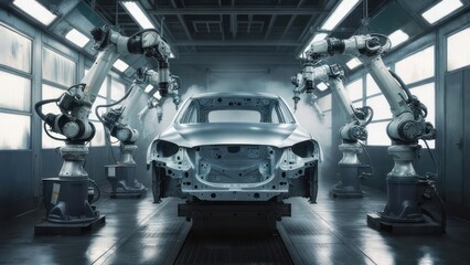 Symphony of Steel: Symmetrical Robotic Arms Painting a Car Body in a High-Tech Factory