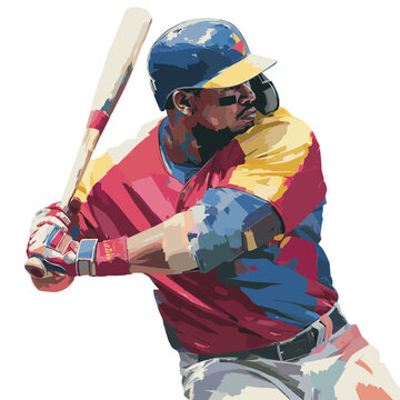 Baseball Player in Action: Dynamic graphic image of a baseball player focused on the game, holding a baseball bat, ready to hit.