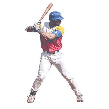 Baseball Player Ready to Strike: An athletic figure, clad in vibrant colors, prepares for a powerful swing, showcasing focus, precision, and dedication in the heart of the game.