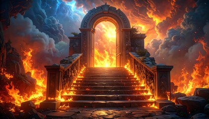 Stone stairs lead through an archway toward fiery, dramatic clouds and light