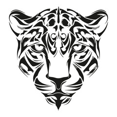 Obraz premium Leopard Head Tribal Illustration: A striking black and white tribal illustration of a leopard's head, showcasing intricate patterns and bold lines