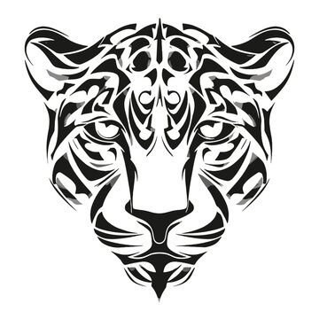 Leopard Head Tribal Illustration: A striking black and white tribal illustration of a leopard's head, showcasing intricate patterns and bold lines