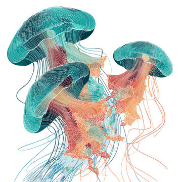Aquatic Elegance: Translucent jellyfish with flowing tentacles swim gracefully against a luminous backdrop, Their ethereal forms radiate vibrant colors.