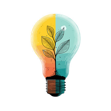 Eco-Innovation: A vibrant illustration showing a lightbulb split into segments of color, with a plant growing from its base, symbolizing environmental innovation and growth.