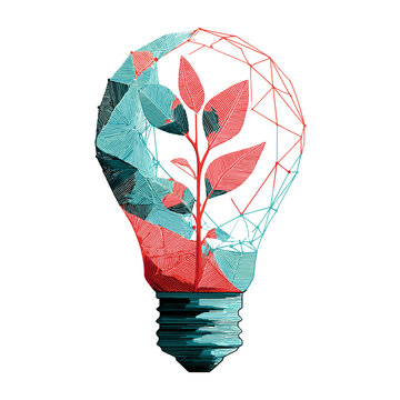 Eco-Innovation Concept: A striking graphic depicting a stylized light bulb embracing a budding plant, conveying concepts of innovation, green energy, and sustainable growth.