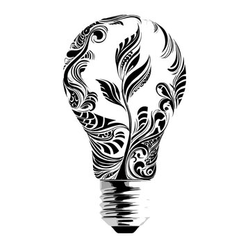 Illuminating Innovation: An artistic rendering showcases a light bulb, its silhouette meticulously adorned with intricate plant patterns.