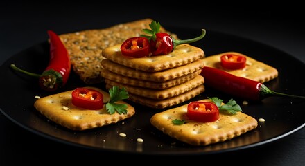 Savory Crackers Topped with Red Chili Pepper on Black Plate