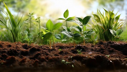 fertile alluvial soil with thriving green plants riverbank ecosystem rich organic earth details